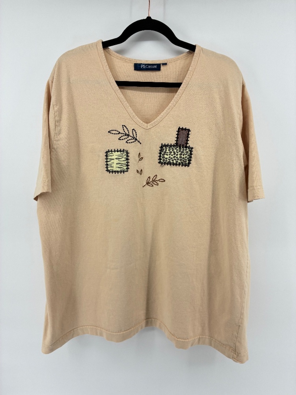 Vintage Women's V-Neck Beige Embroidered Top Fall T-Shirt